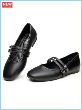 Trary Mary Jane Flats Square Toe PU Leather Buckle Strap Women's Shoes